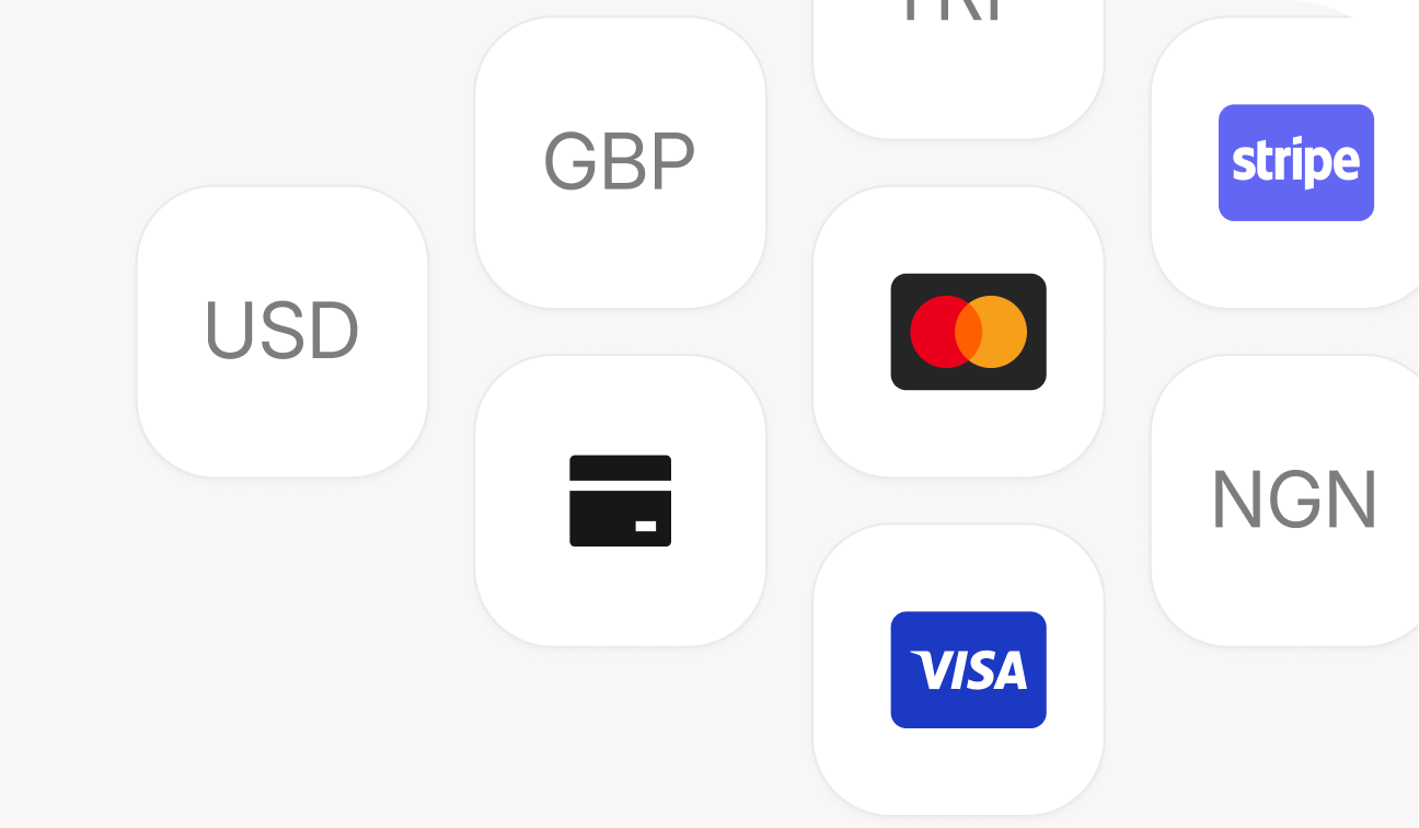 Currency and payment brand tiles: USD, GBP, NGN, Visa, Mastercard and Stripe.