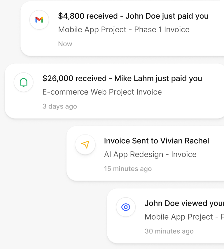 A stack of payment notification toasts for received payments, sent and viewed invoices.