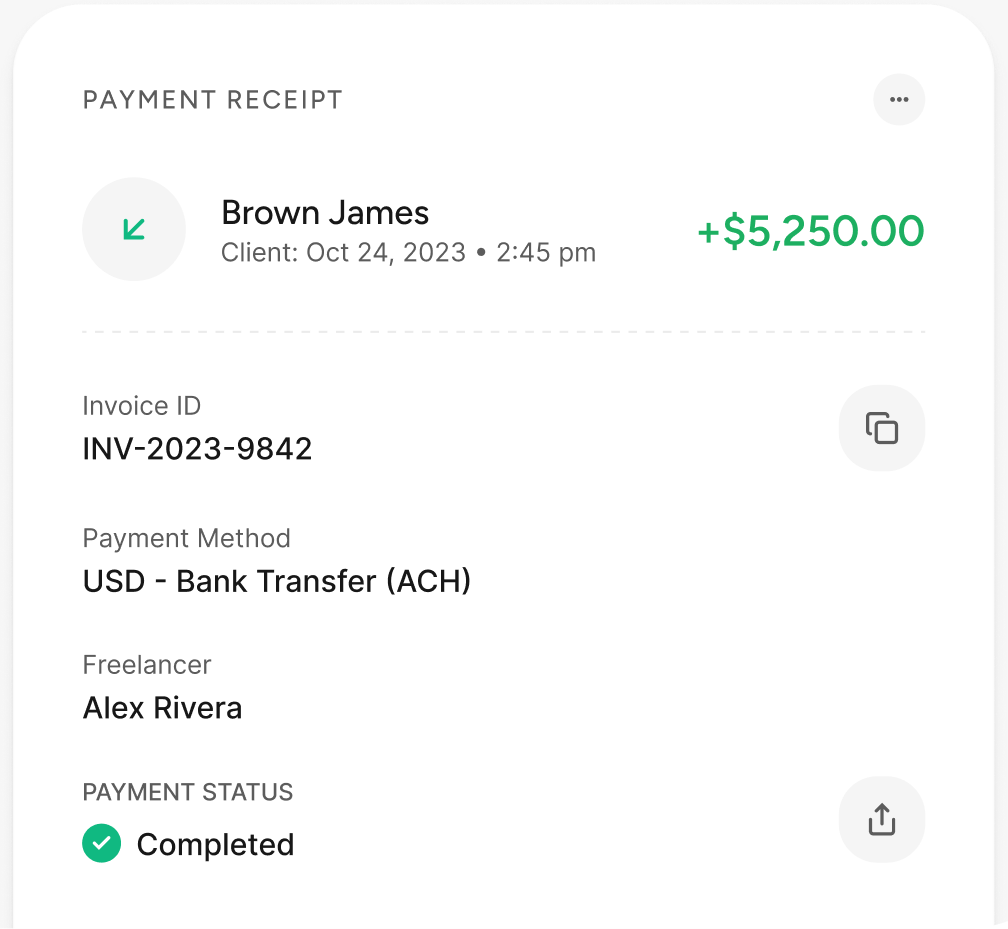 A branded payment receipt for Brown James, +$5,250.00, marked completed.